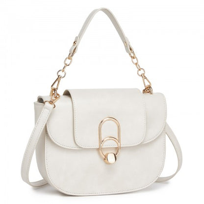 HBM2514 - Miss Lulu Stylish PU Saddle Bag with Chain-Accent Top Handle & Adjustable Strap - Beige