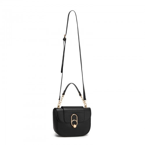 HBM2514 - Miss Lulu Stylish PU Saddle Bag with Chain-Accent Top Handle & Adjustable Strap - Black
