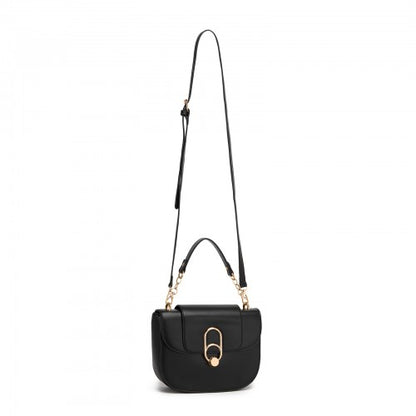 HBM2514 - Miss Lulu Stylish PU Saddle Bag with Chain-Accent Top Handle & Adjustable Strap - Black