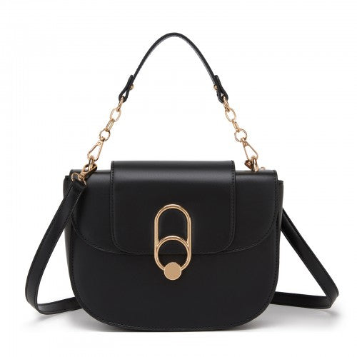 HBM2514 - Miss Lulu Stylish PU Saddle Bag with Chain-Accent Top Handle & Adjustable Strap - Black