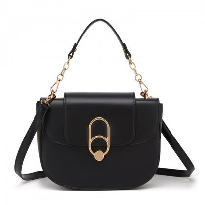 HBM2514 - Miss Lulu Stylish PU Saddle Bag with Chain-Accent Top Handle & Adjustable Strap - Black