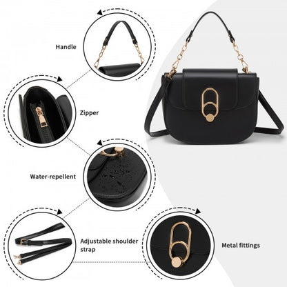 HBM2514 - Miss Lulu Stylish PU Saddle Bag with Chain-Accent Top Handle & Adjustable Strap - Black