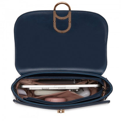 HBM2514 - Miss Lulu Stylish PU Saddle Bag with Chain-Accent Top Handle & Adjustable Strap - Navy