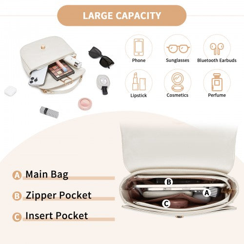 HBM2514 - Miss Lulu Stylish PU Saddle Bag with Chain-Accent Top Handle & Adjustable Strap - Beige