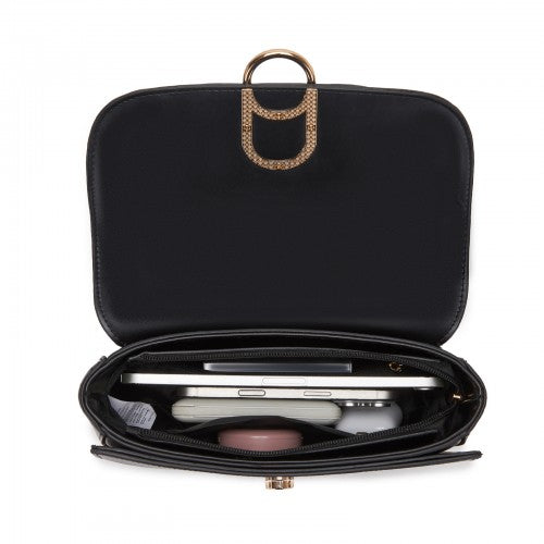 HBM2514 - Miss Lulu Stylish PU Saddle Bag with Chain-Accent Top Handle & Adjustable Strap - Black