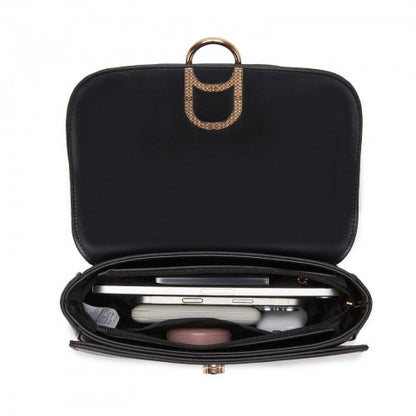 HBM2514 - Miss Lulu Stylish PU Saddle Bag with Chain-Accent Top Handle & Adjustable Strap - Black