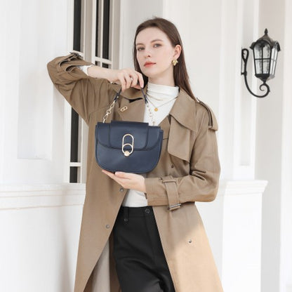 HBM2514 - Miss Lulu Stylish PU Saddle Bag with Chain-Accent Top Handle & Adjustable Strap - Navy