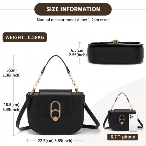 HBM2514 - Miss Lulu Stylish PU Saddle Bag with Chain-Accent Top Handle & Adjustable Strap - Black