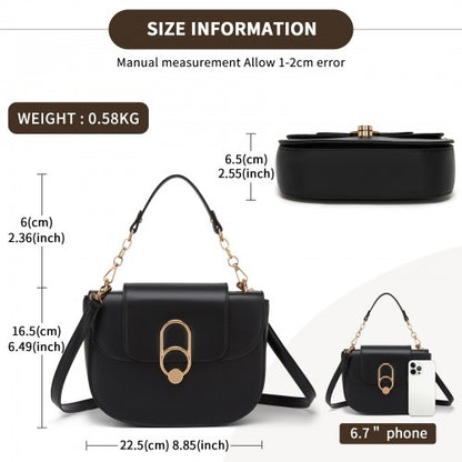 HBM2514 - Miss Lulu Stylish PU Saddle Bag with Chain-Accent Top Handle & Adjustable Strap - Black