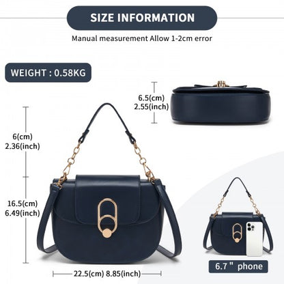 HBM2514 - Miss Lulu Stylish PU Saddle Bag with Chain-Accent Top Handle & Adjustable Strap - Navy