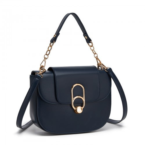 HBM2514 - Miss Lulu Stylish PU Saddle Bag with Chain-Accent Top Handle & Adjustable Strap - Navy
