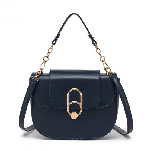 HBM2514 - Miss Lulu Stylish PU Saddle Bag with Chain-Accent Top Handle & Adjustable Strap - Navy