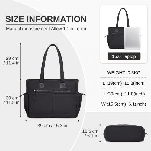 HBM2611 - Miss Lulu Chic Roomy Ladies Shoulder Tote Bag, with 15.6-inch Laptop Sleeve and Luggage Strap for Daily Use - Black