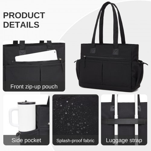HBM2611 - Miss Lulu Chic Roomy Ladies Shoulder Tote Bag, with 15.6-inch Laptop Sleeve and Luggage Strap for Daily Use - Black