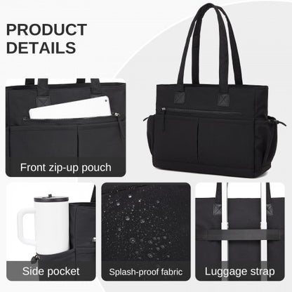 HBM2611 - Miss Lulu Chic Roomy Ladies Shoulder Tote Bag, with 15.6-inch Laptop Sleeve and Luggage Strap for Daily Use - Black