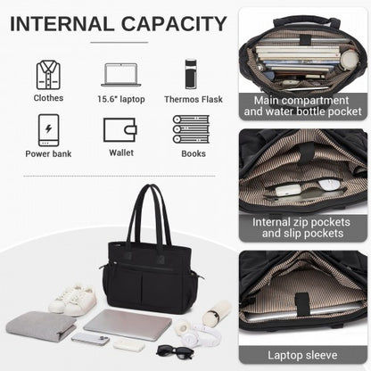 HBM2611 - Miss Lulu Chic Roomy Ladies Shoulder Tote Bag, with 15.6-inch Laptop Sleeve and Luggage Strap for Daily Use - Black