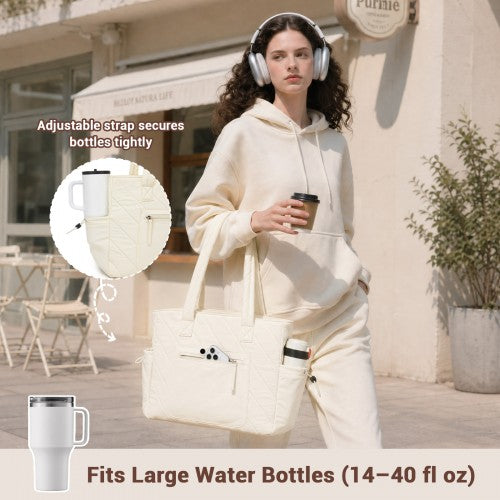 HBM2612 - Miss Lulu Minimalist Durable Shoulder Bag for Work, School & Travel with Laptop Sleeve and Multiple Pockets - Beige