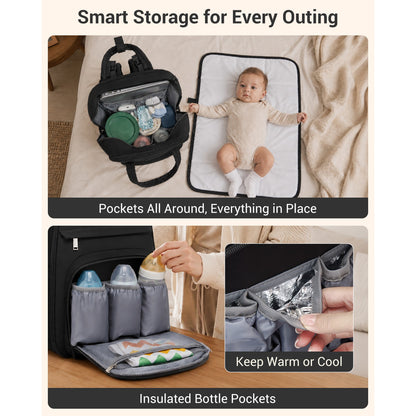 BCK2623 - Kono 2-in-1 Nappy Changing Backpack Set, Large Capacity Diaper Bag With Changing Mat - Black