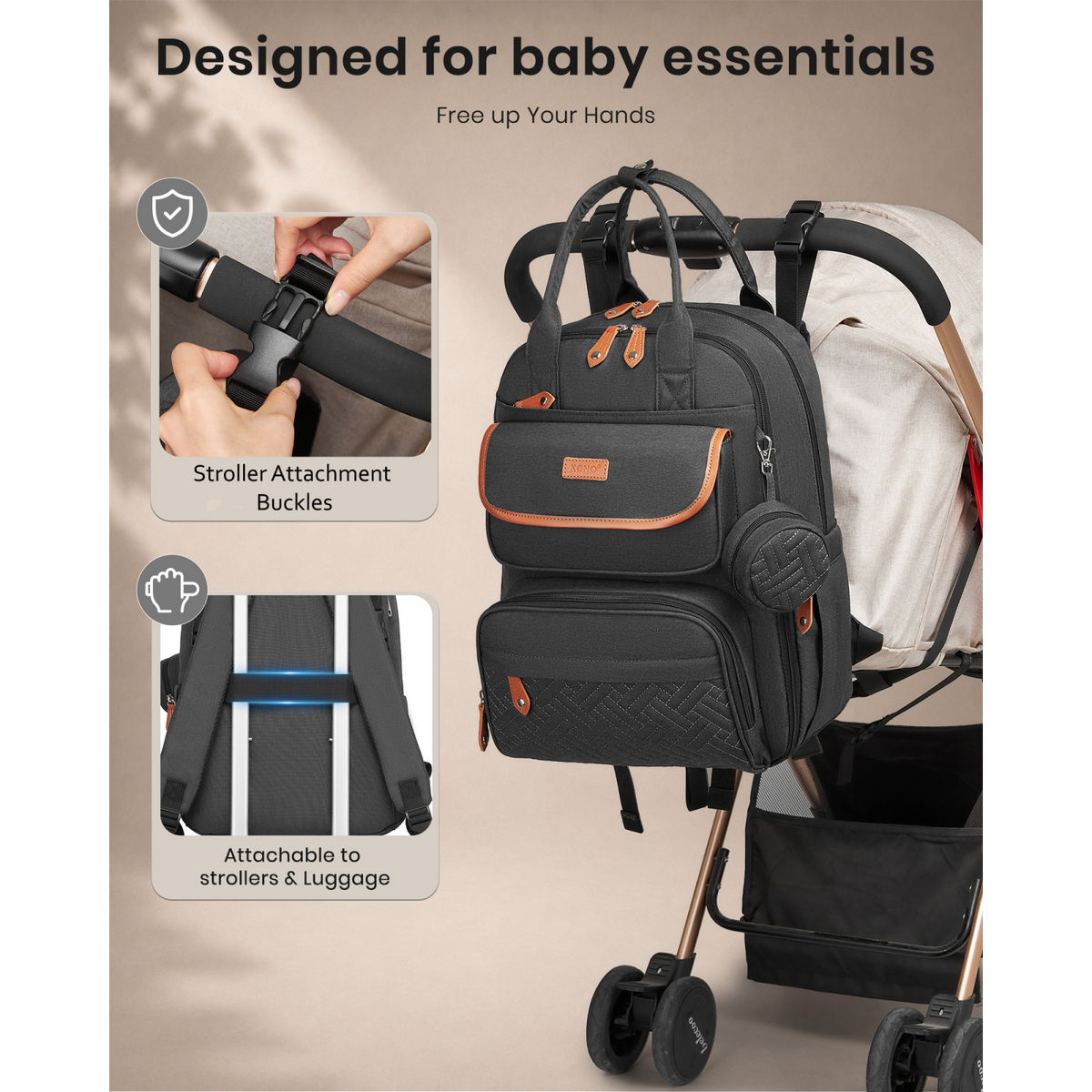 BCK2615 - Kono 3-in-1 Mummy Nappy Backpack Set with Changing Mat & Insulated Pacifier Pouch