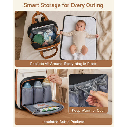 BCK2623 - Kono 2-in-1 Nappy Changing Backpack Set, Large Capacity Diaper Bag With Changing Mat - Black