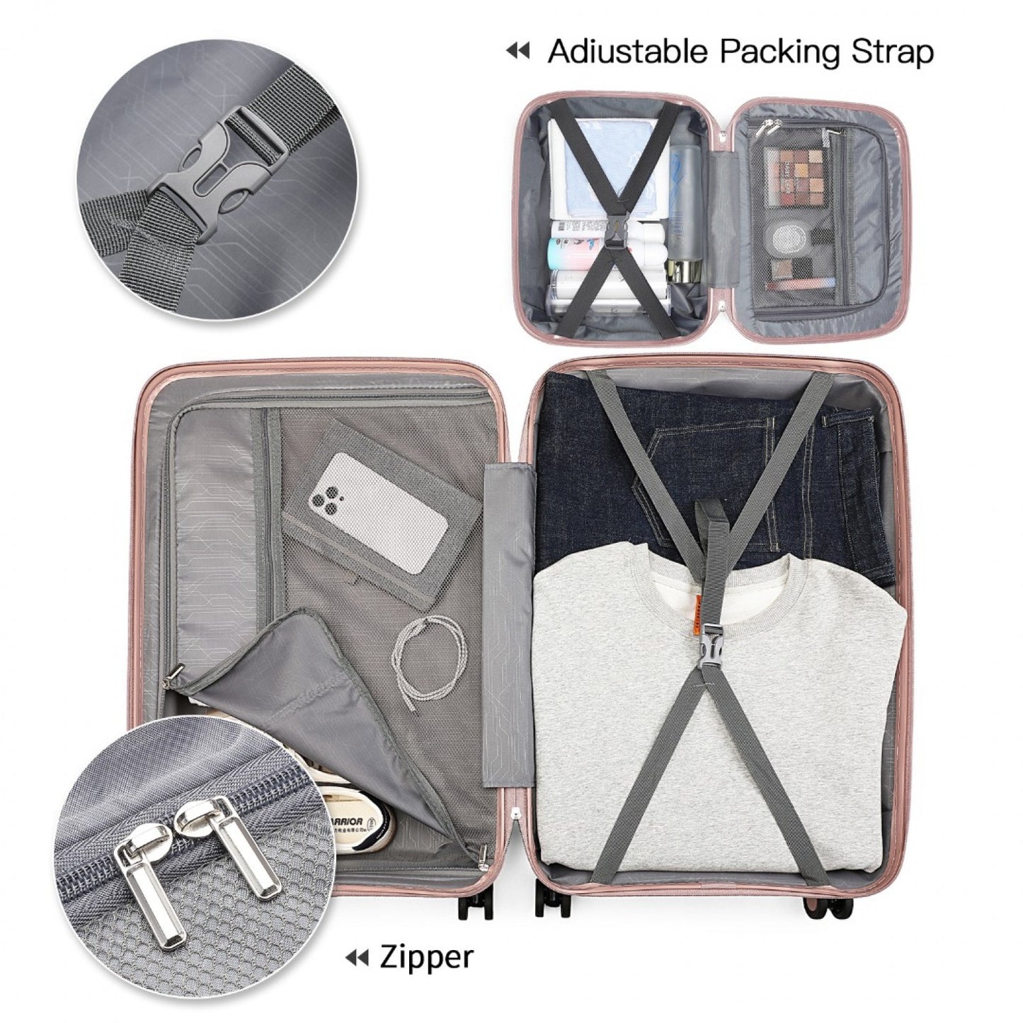 British Traveller K2393L - 4 Pcs Set Spinner Hard Shell PP Suitcase With TSA Lock And Vanity Case