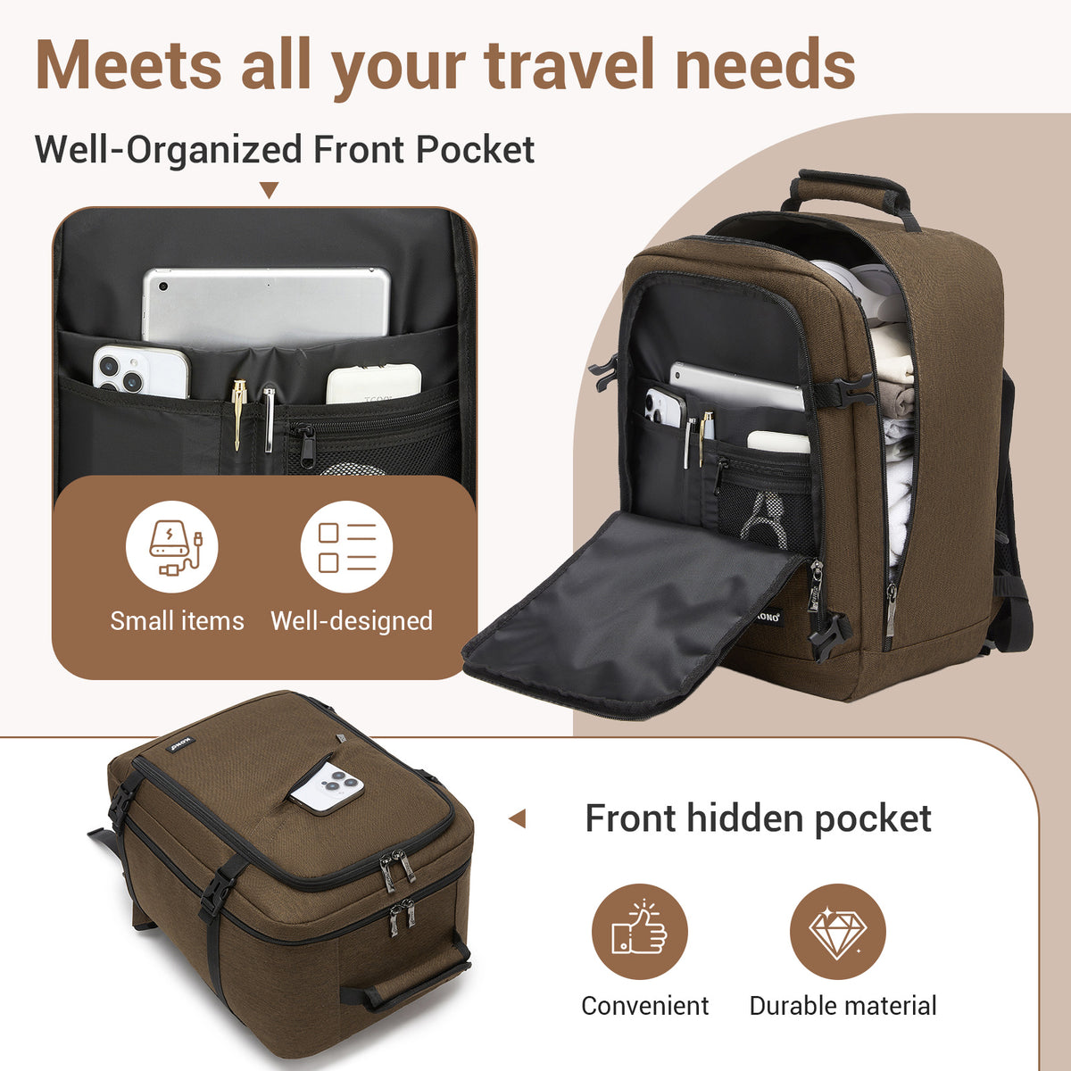 BPK2551 - Kono Flexible Cabin Backpack 30×20×40-Fits 15.6" Laptop, Clamshell Access-Great for Holidays, Work Trips & Commuting