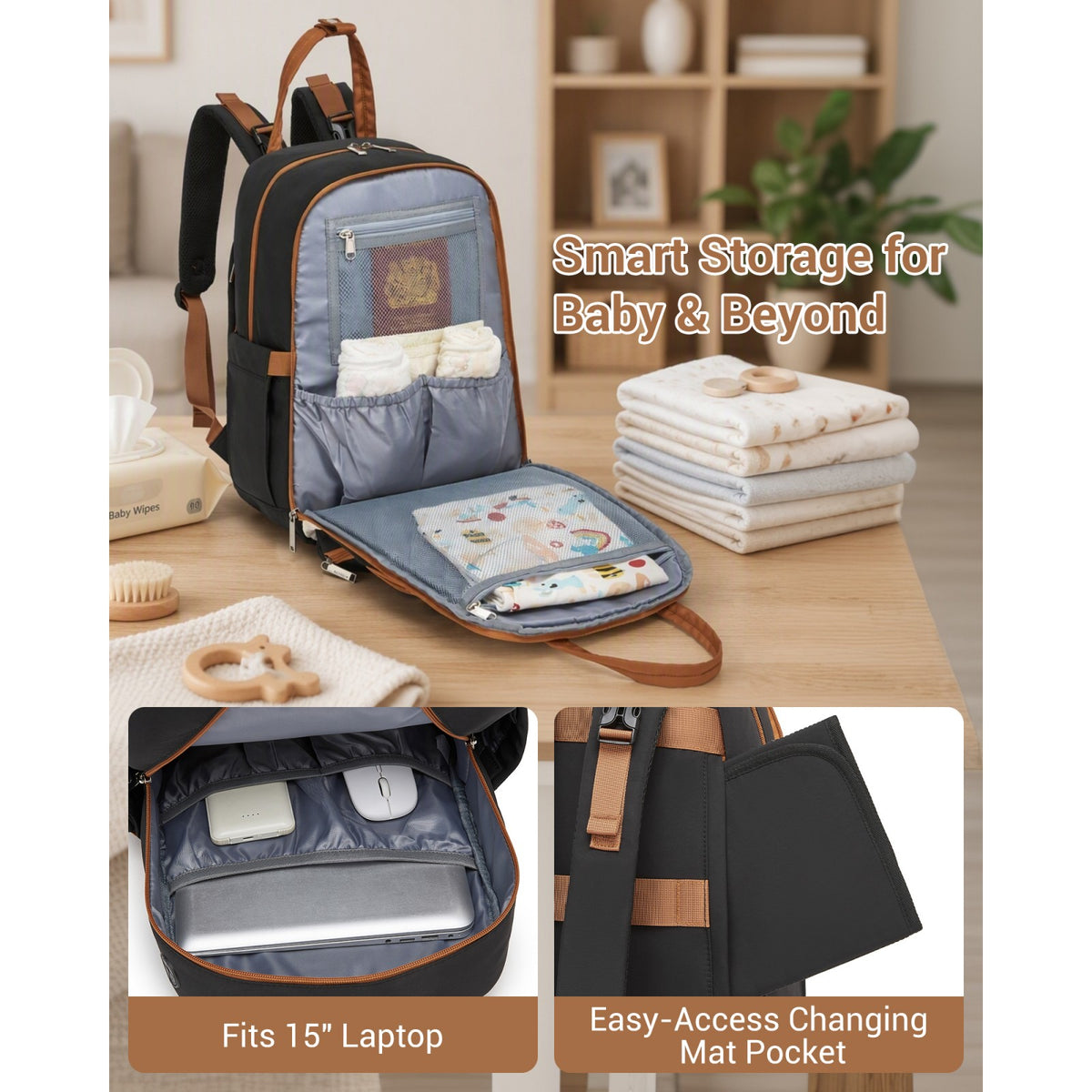 BCK2623 - Kono 2-in-1 Nappy Changing Backpack Set, Large Capacity Diaper Bag With Changing Mat - Black