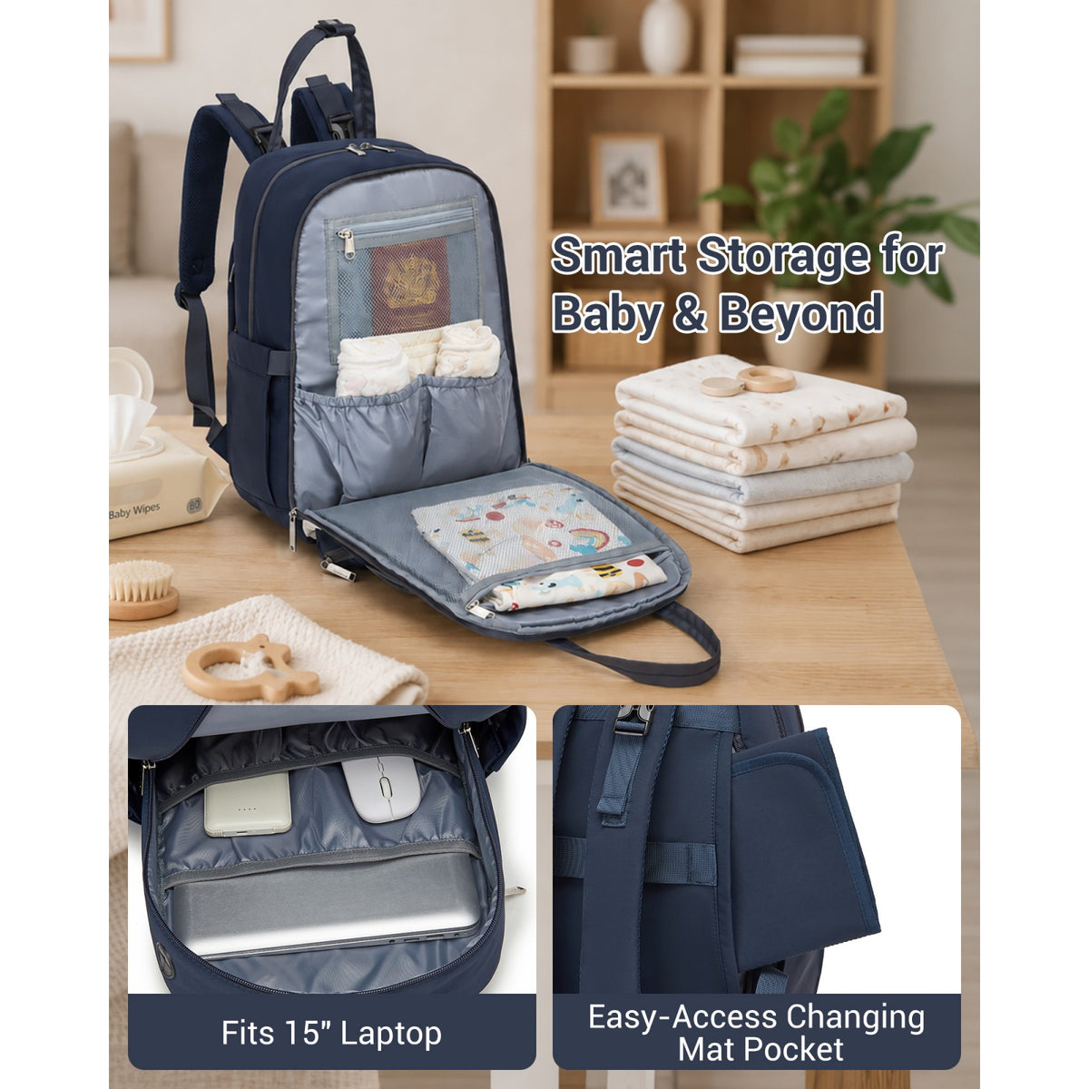 BCK2623 - Kono 2-in-1 Nappy Changing Backpack Set, Large Capacity Diaper Bag With Changing Mat - Black