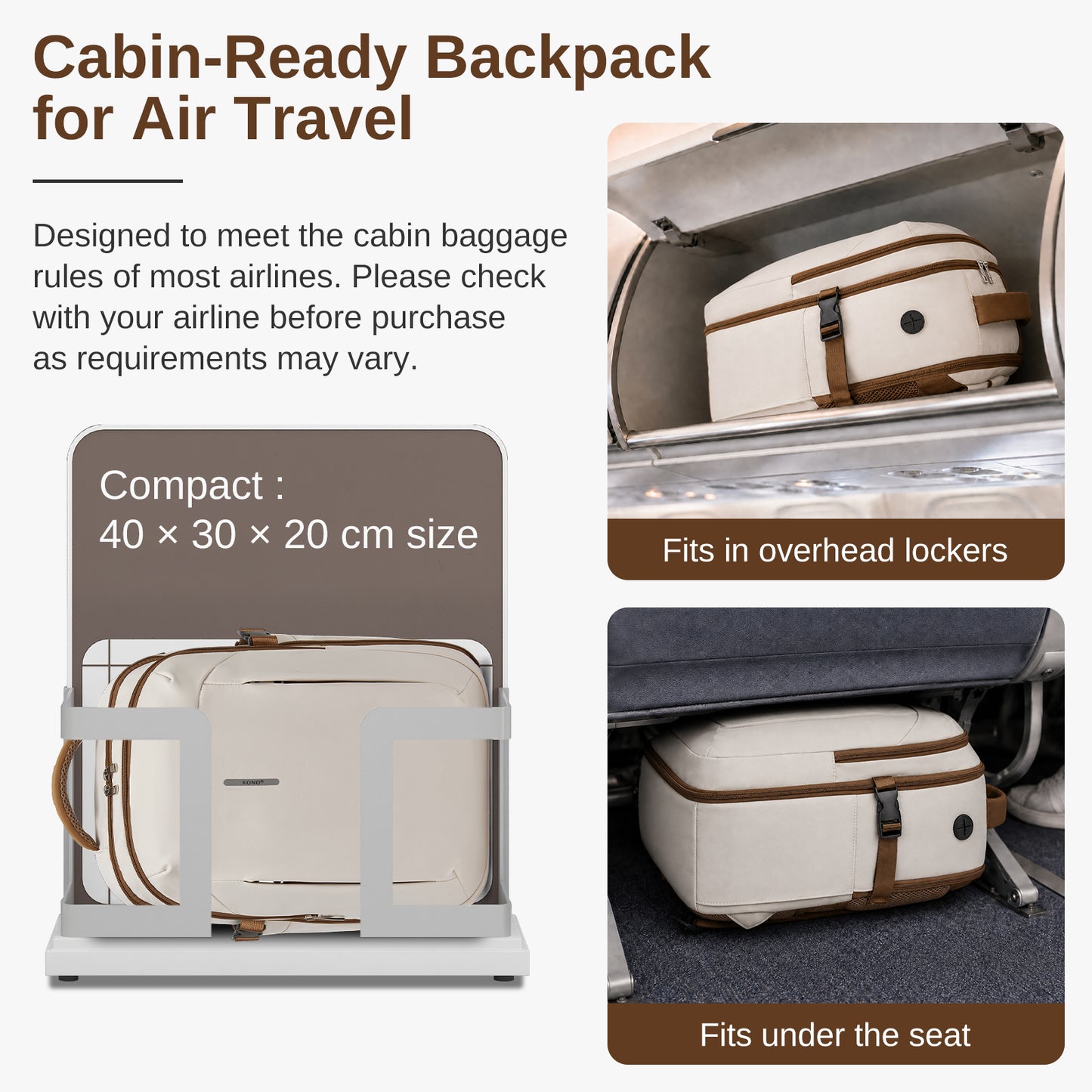 BPK2602- Kono Cabin Approved Carry On Backpack 40×30×20cm, Water Resistant 15.6 Inch Laptop Travel Rucksack with Dry-wet Separation Pouch
