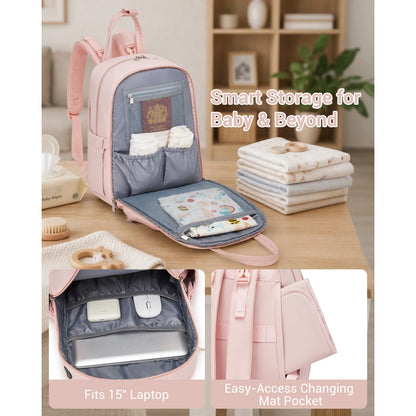 BCK2623 - Kono 2-in-1 Nappy Changing Backpack Set, Large Capacity Diaper Bag With Changing Mat - Black