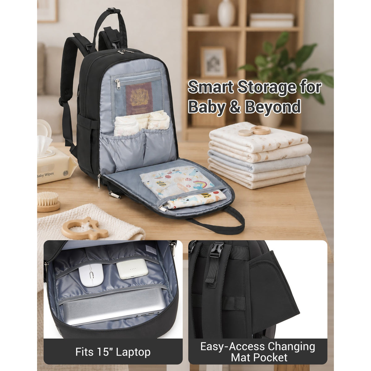 BCK2623 - Kono 2-in-1 Nappy Changing Backpack Set, Large Capacity Diaper Bag With Changing Mat - Black
