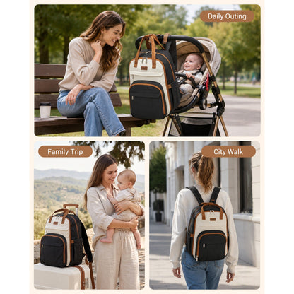 BCK2623 - Kono 2-in-1 Nappy Changing Backpack Set, Large Capacity Diaper Bag With Changing Mat - Black