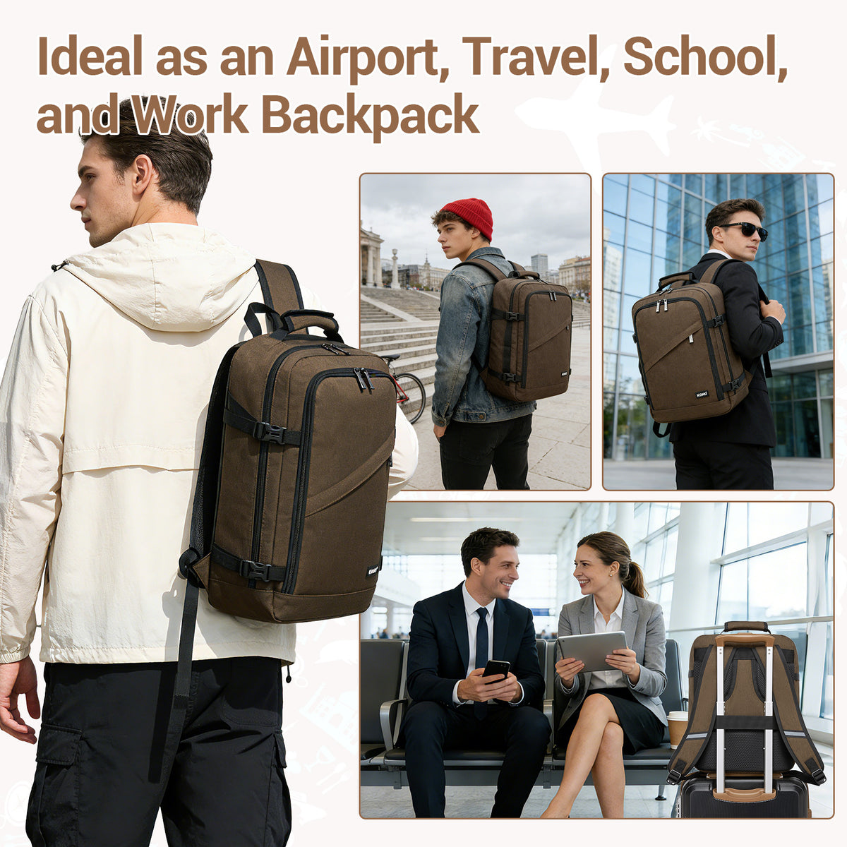 BPK2551 - Kono Flexible Cabin Backpack 30×20×40-Fits 15.6" Laptop, Clamshell Access-Great for Holidays, Work Trips & Commuting