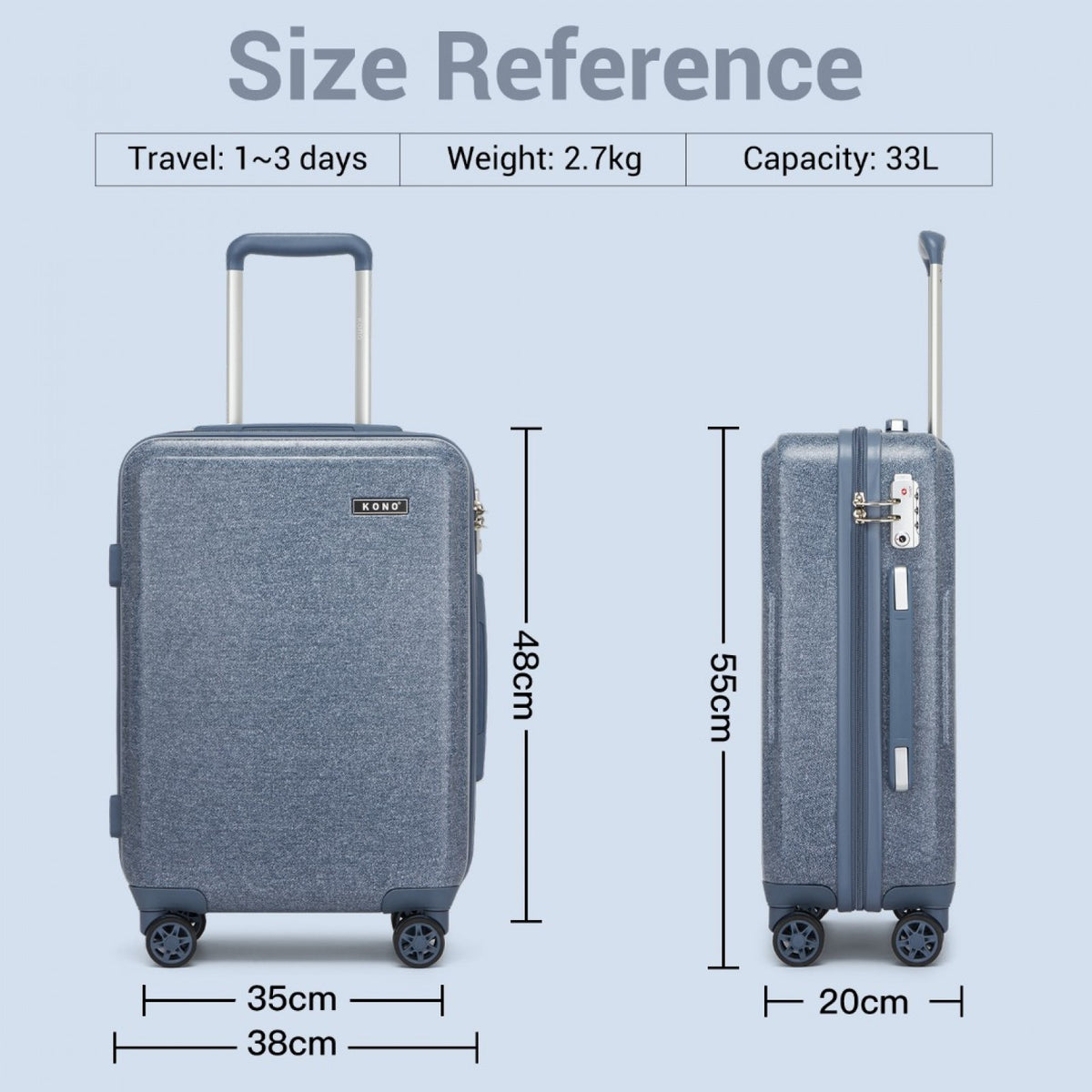 Kono 20" KSK2494 - Cabin Size Minimalist Hard Shell ABS+PC Carry-On Suitcase with TSA Lock 360° Spinner Wheels - Blue