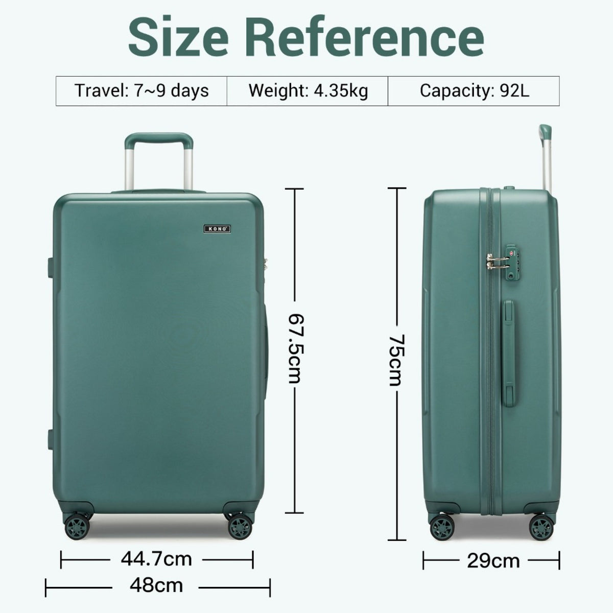 KSK2494 - Kono 28 Inch Minimalist Hard Shell ABS+PC Check-In Suitcase with TSA Lock 360° Spinner Wheels - Black