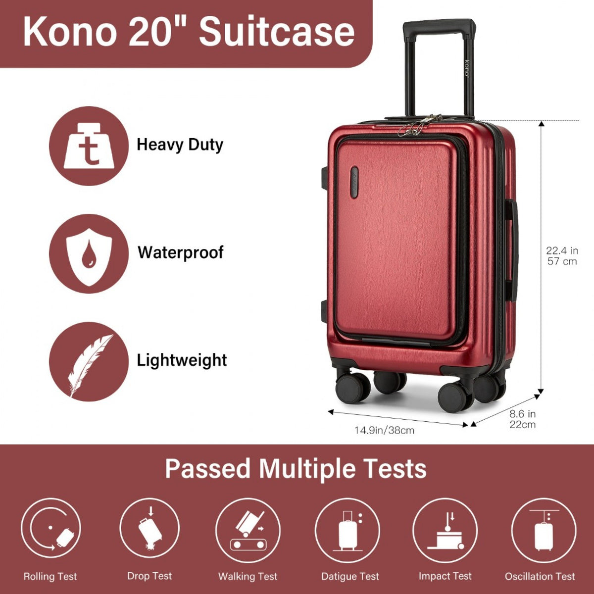 Kono 20" KSK2493 - Durable ABS+PC Carry-On Hardshell Suitcase with TSA Lock & Front Laptop Compartment