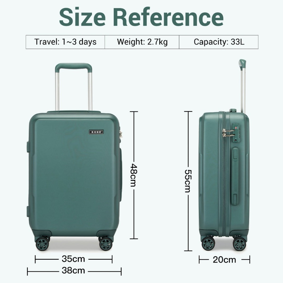 Kono 20" KSK2494 - Cabin Size Minimalist Hard Shell ABS+PC Carry-On Suitcase with TSA Lock 360° Spinner Wheels - Blue