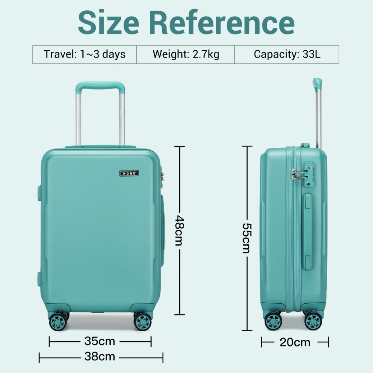 Kono 20" KSK2494 - Cabin Size Minimalist Hard Shell ABS+PC Carry-On Suitcase with TSA Lock 360° Spinner Wheels - Blue