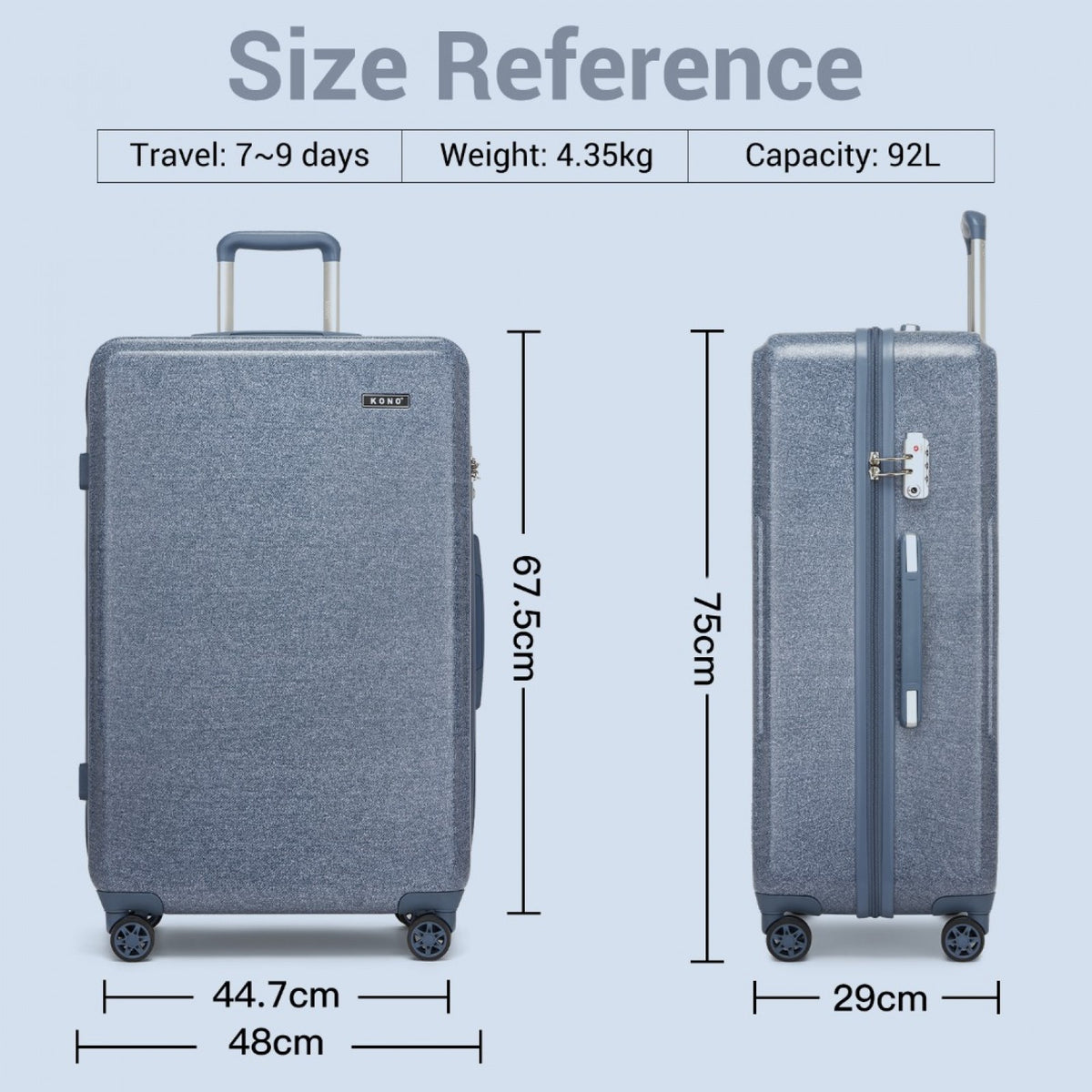 KSK2494 - Kono 28 Inch Minimalist Hard Shell ABS+PC Check-In Suitcase with TSA Lock 360° Spinner Wheels - Black