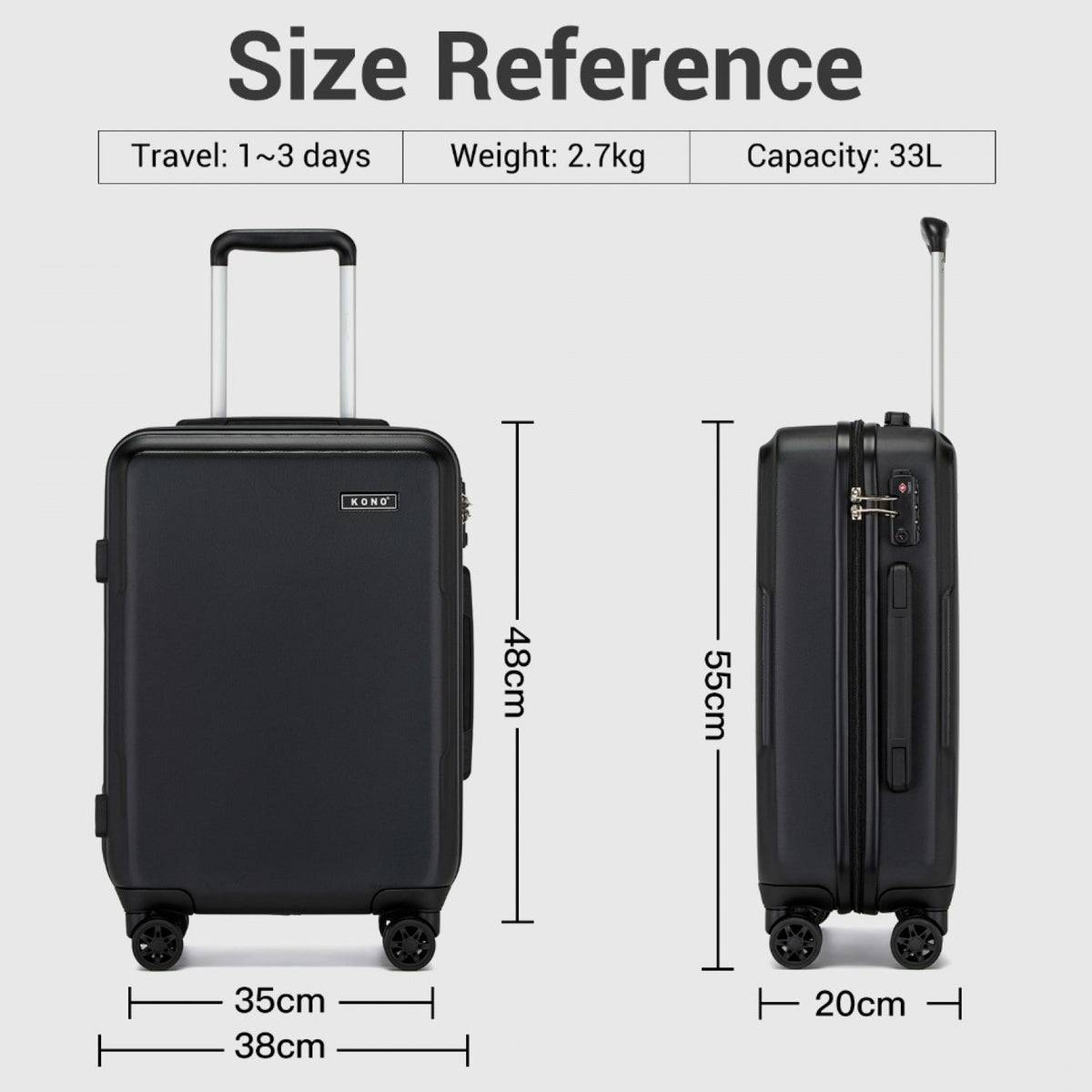 Kono 20" KSK2494 - Cabin Size Minimalist Hard Shell ABS+PC Carry-On Suitcase with TSA Lock 360° Spinner Wheels - Blue