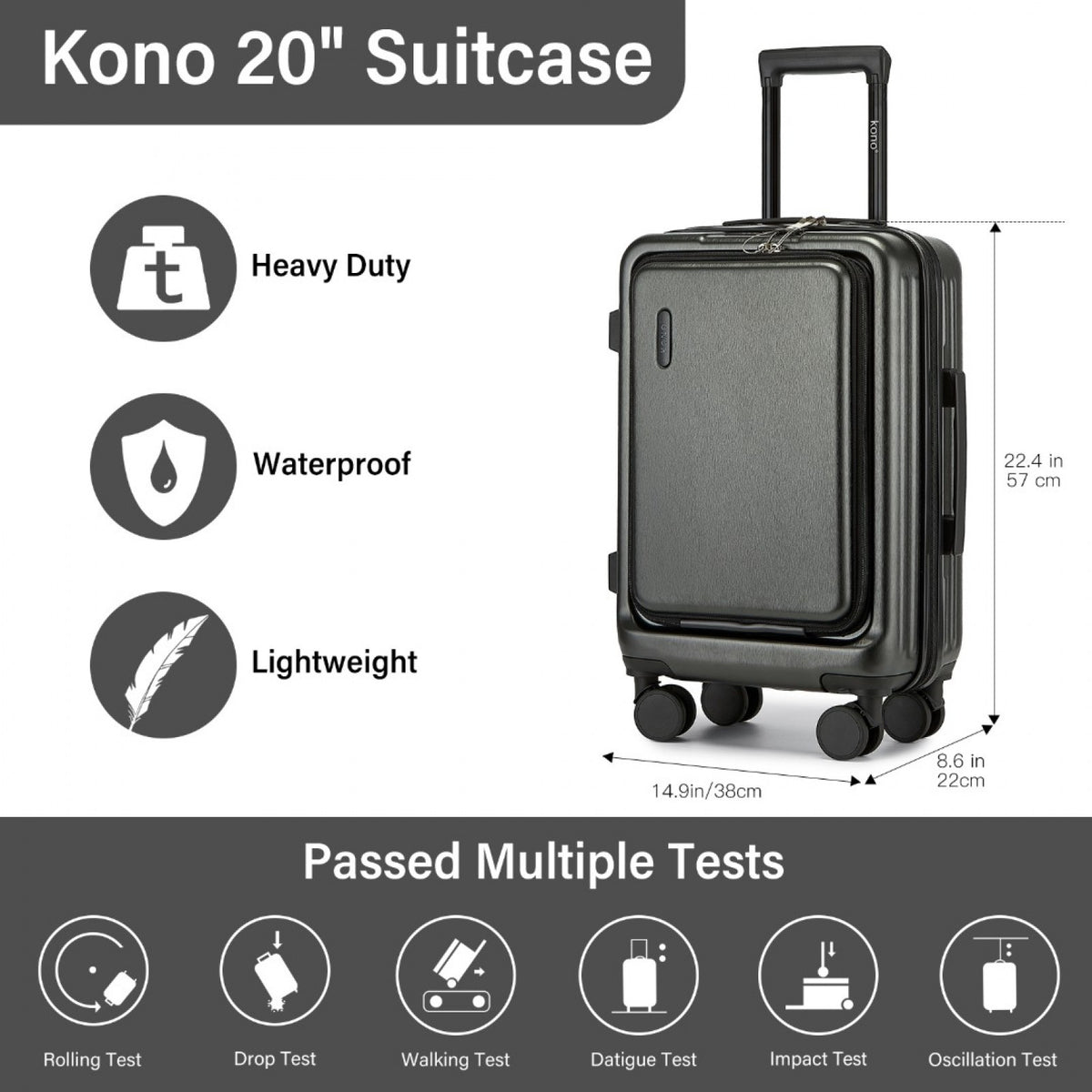 Kono 20" KSK2493 - Durable ABS+PC Carry-On Hardshell Suitcase with TSA Lock & Front Laptop Compartment