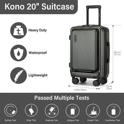 Kono 20" KSK2493 - Durable ABS+PC Carry-On Hardshell Suitcase with TSA Lock & Front Laptop Compartment