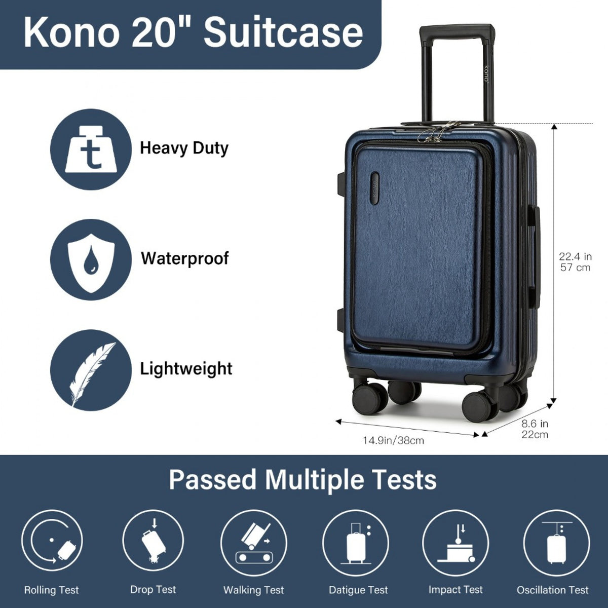 Kono 20" KSK2493 - Durable ABS+PC Carry-On Hardshell Suitcase with TSA Lock & Front Laptop Compartment
