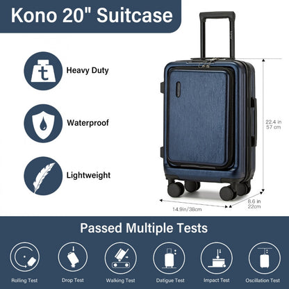 Kono 20" KSK2493 - Durable ABS+PC Carry-On Hardshell Suitcase with TSA Lock & Front Laptop Compartment