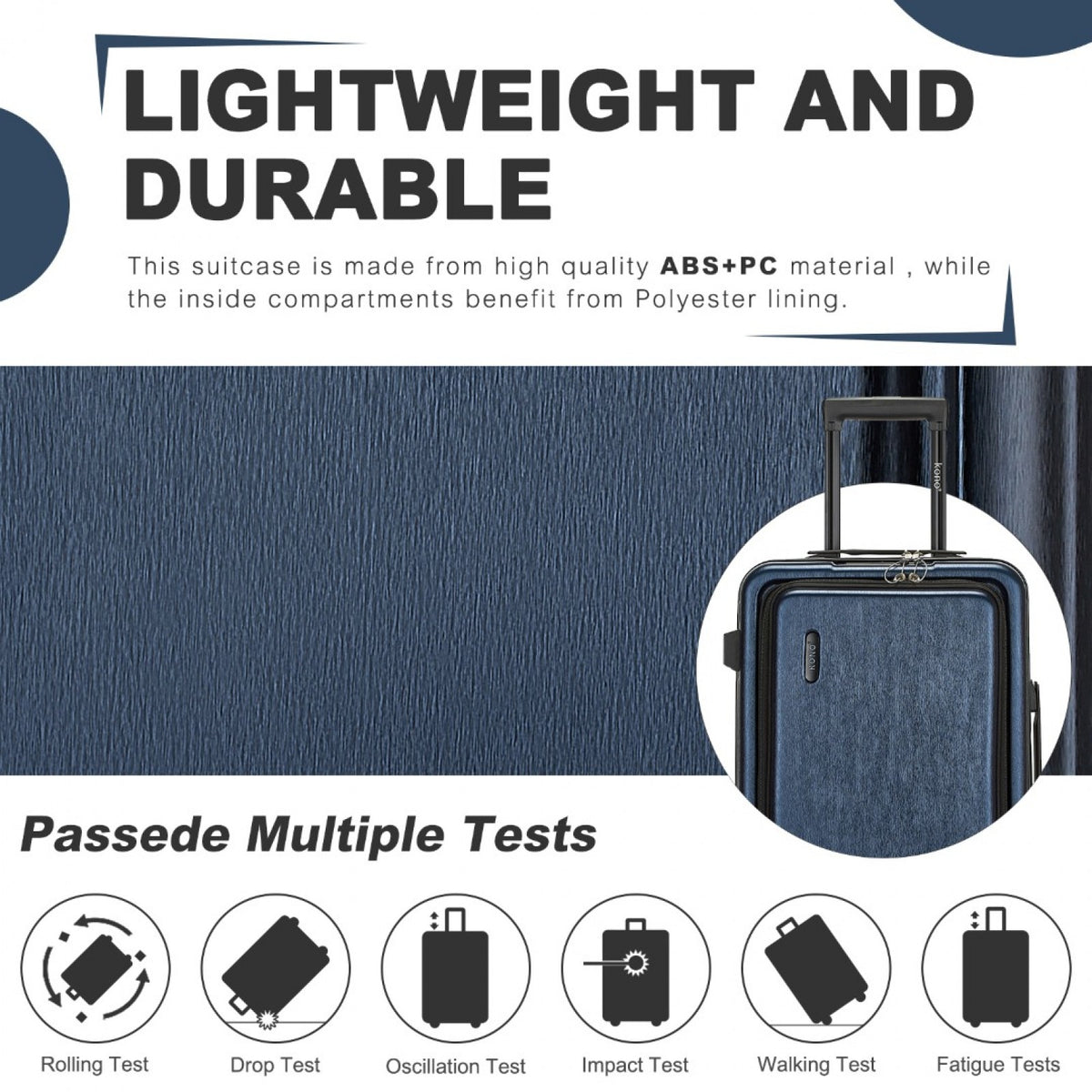 Kono 20" KSK2493 - Durable ABS+PC Carry-On Hardshell Suitcase with TSA Lock & Front Laptop Compartment
