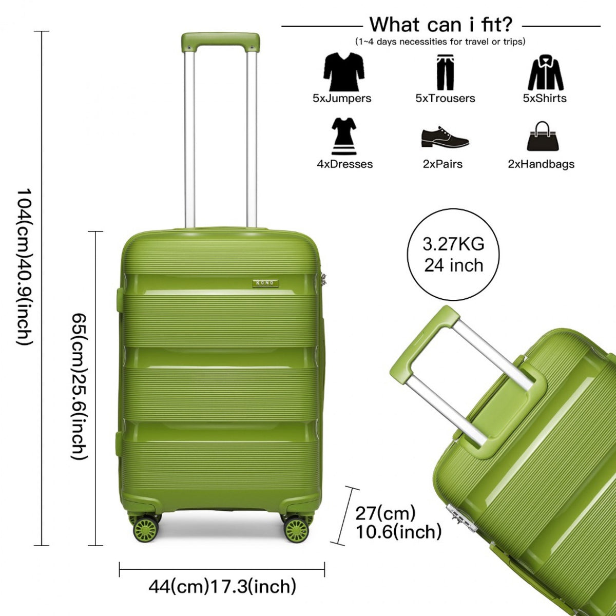 Kono 24" K2092L - Bright Hard Shell PP Suitcase - Classic Collection