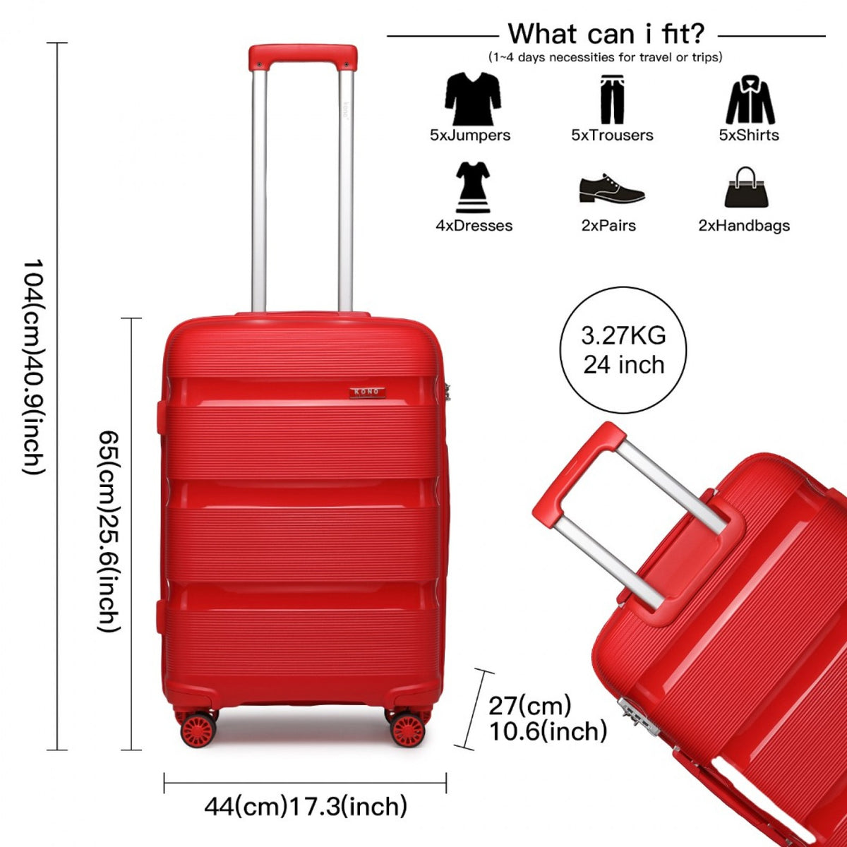 Kono 24" K2092L - Bright Hard Shell PP Suitcase - Classic Collection