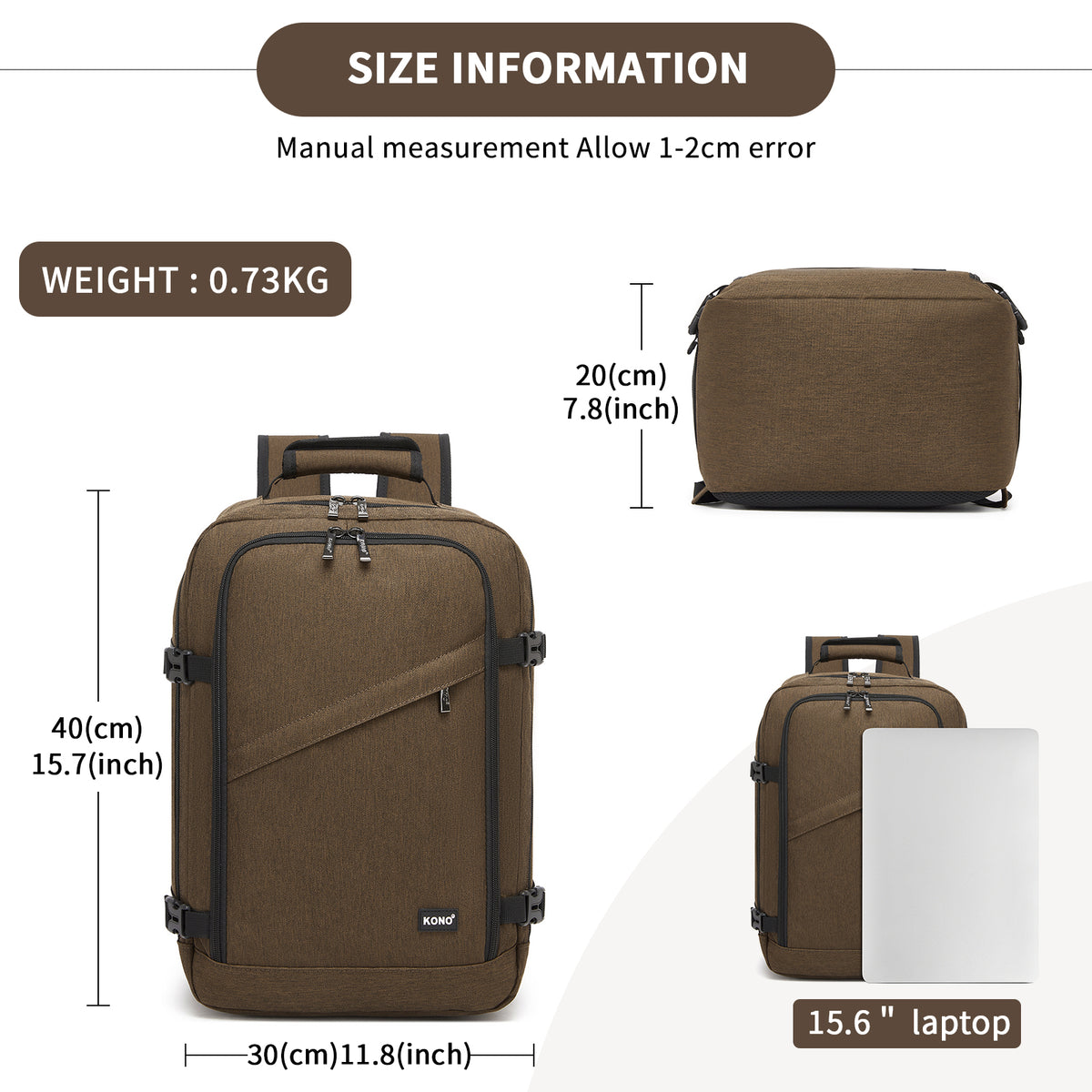 BPK2551 - Kono Flexible Cabin Backpack 30×20×40-Fits 15.6" Laptop, Clamshell Access-Great for Holidays, Work Trips & Commuting