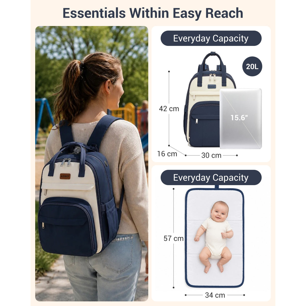 BCK2623 - Kono 2-in-1 Nappy Changing Backpack Set, Large Capacity Diaper Bag With Changing Mat - Black