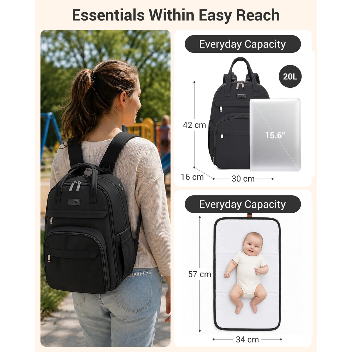 BCK2623 - Kono 2-in-1 Nappy Changing Backpack Set, Large Capacity Diaper Bag With Changing Mat - Black